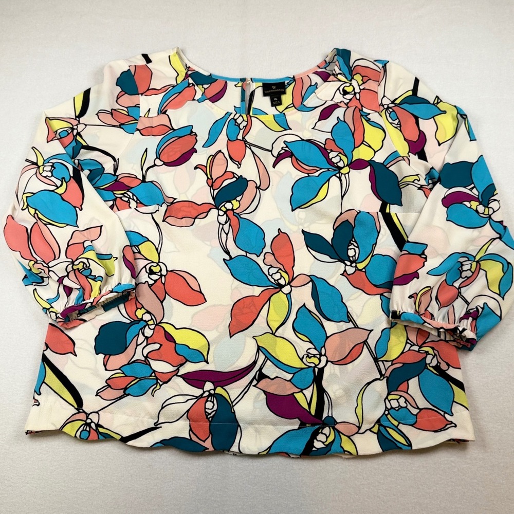 Worthington Womens XL Floral Blouse 3/4 Sleeve Multi Color Crepe Top Keyhole